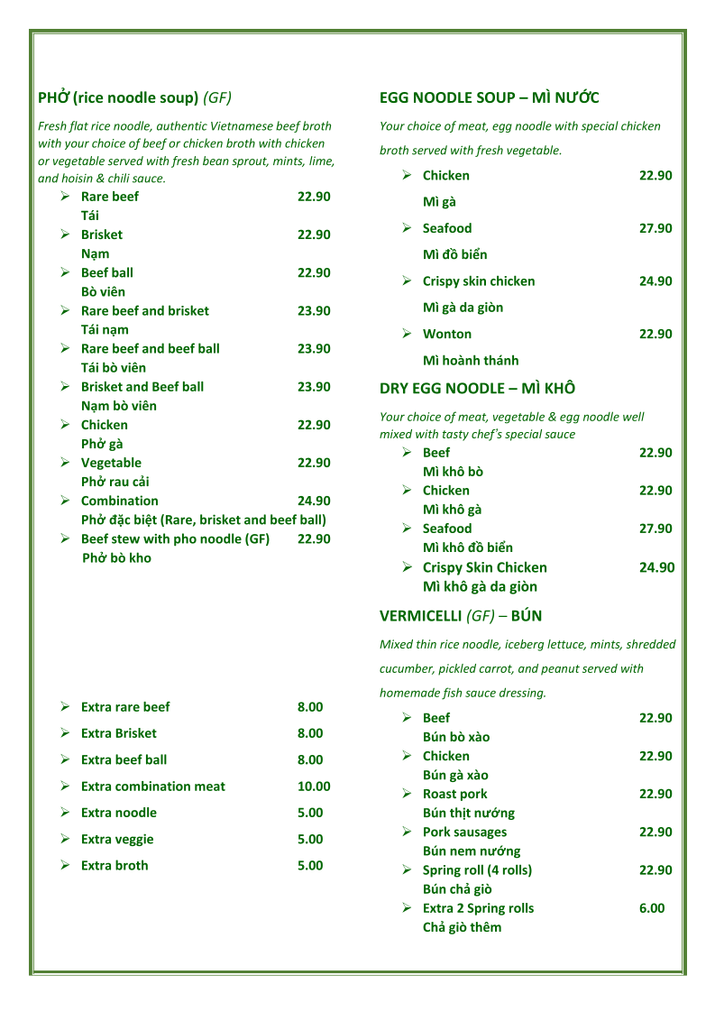 Menu, A&J Vietnamese Restaurant