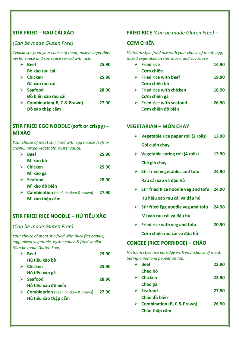 Menu, A&J Vietnamese Restaurant