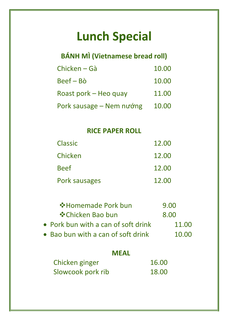 Menu, A&J Vietnamese Restaurant