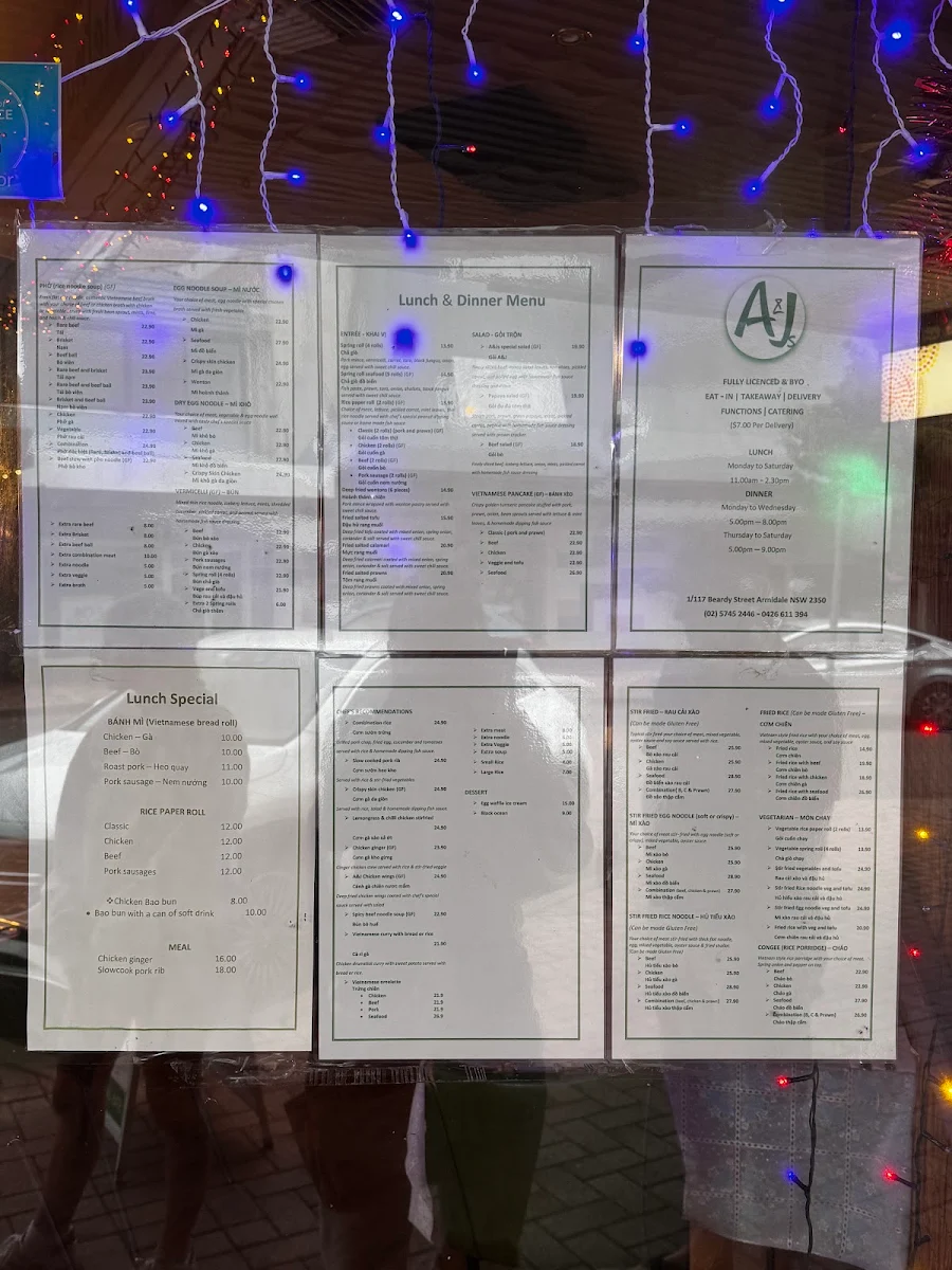 Menu, A&J Vietnamese Restaurant