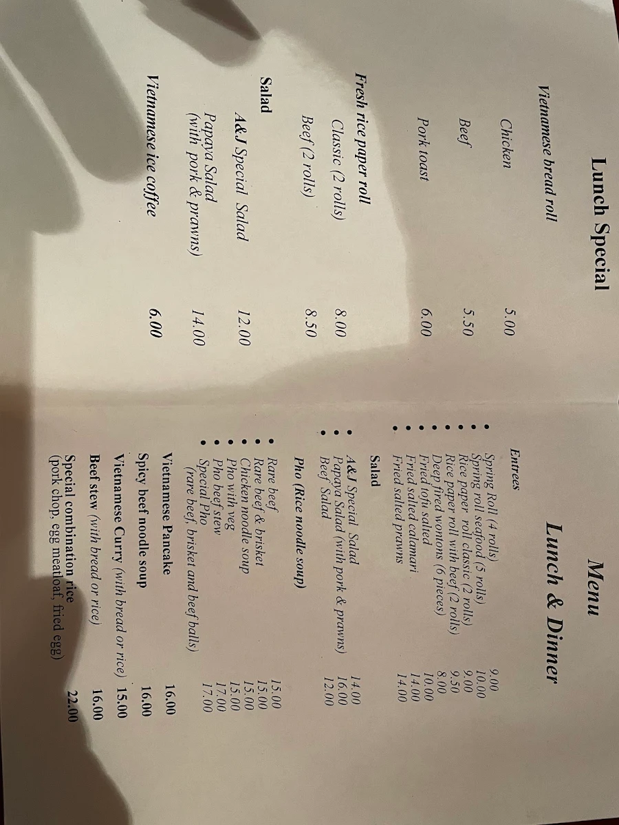 Menu, A&J Vietnamese Restaurant
