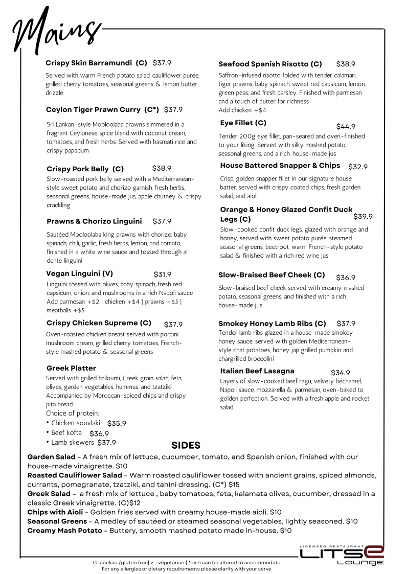 Menu, Litse Lounge