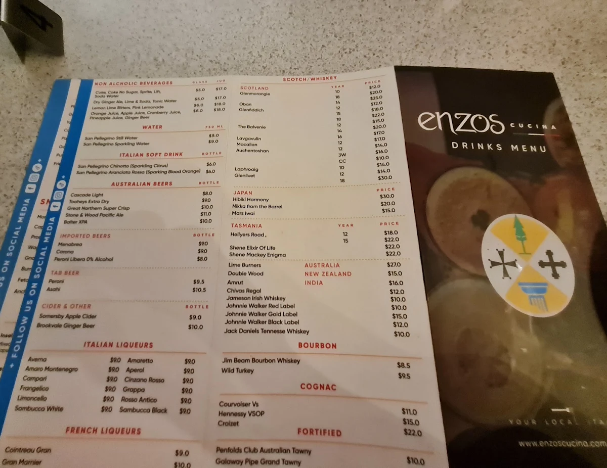 Menu, Enzos Cucina Coomera