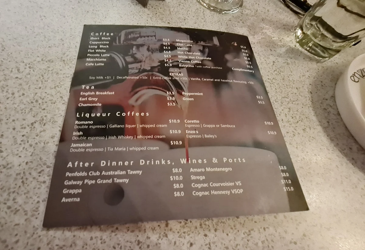 Menu, Enzos Cucina Coomera