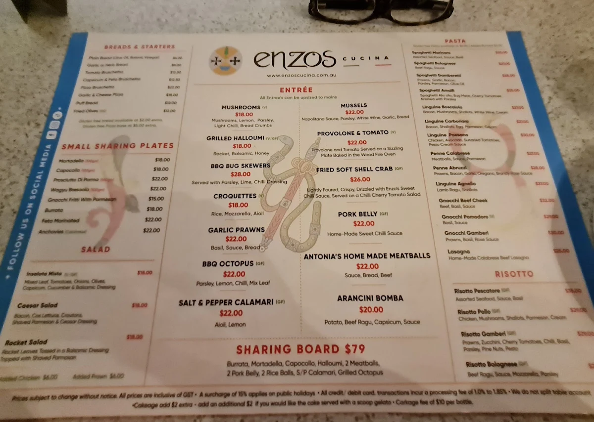 Menu, Enzos Cucina Coomera