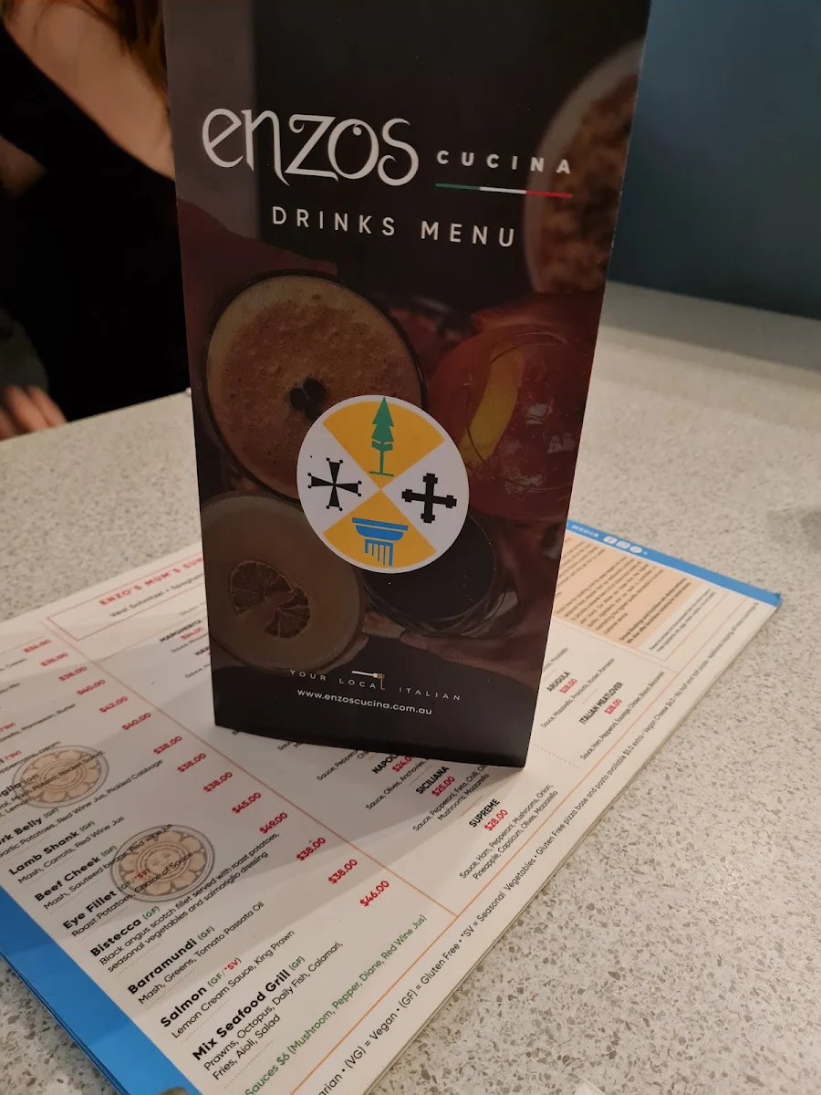 Menu, Enzos Cucina Coomera