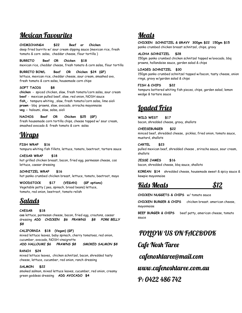 Menu, Cafe Nosh