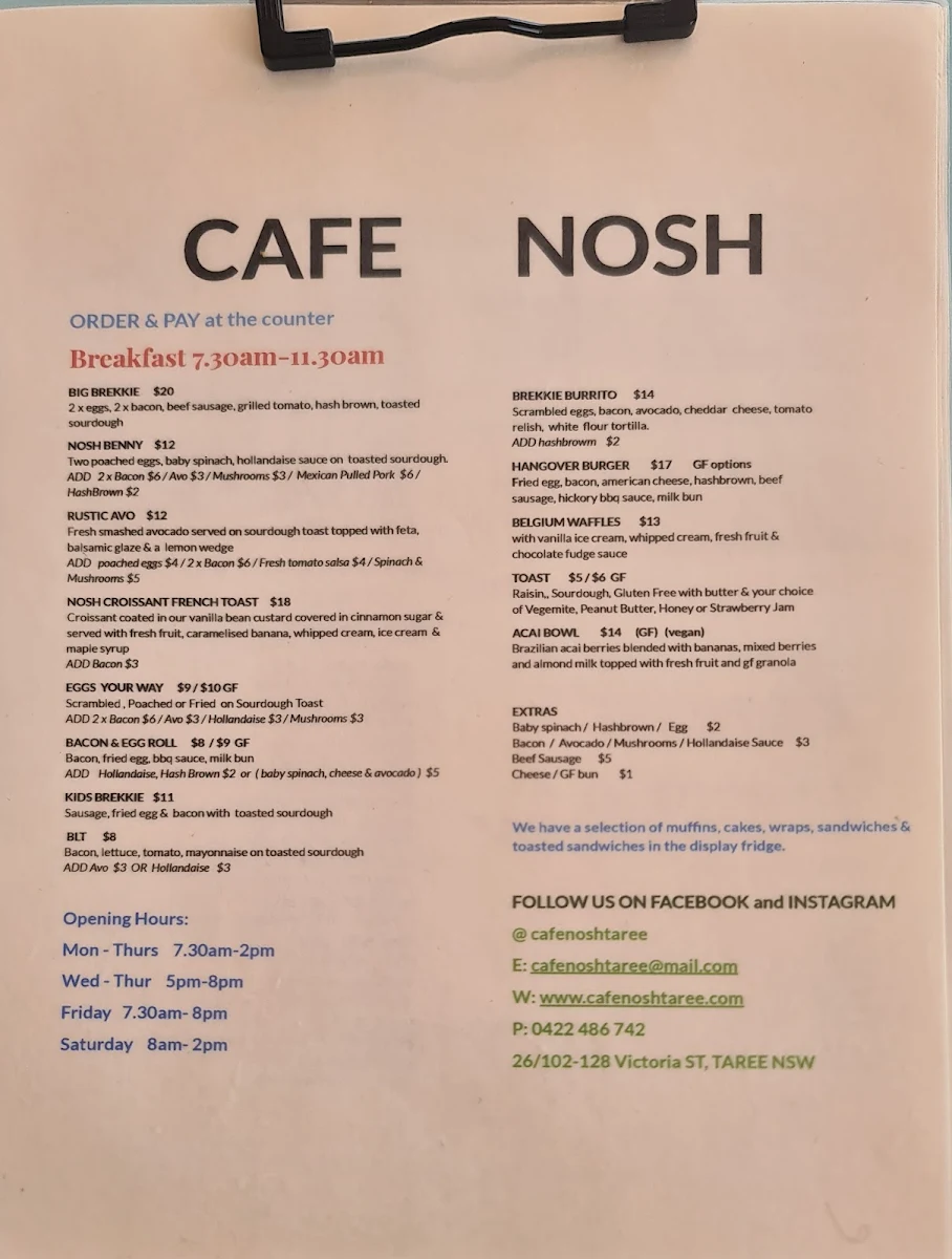 Menu, Cafe Nosh