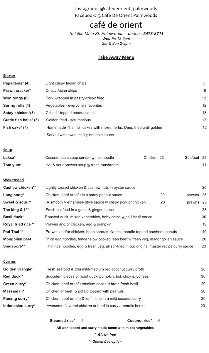 Menu, Cafe de Orient