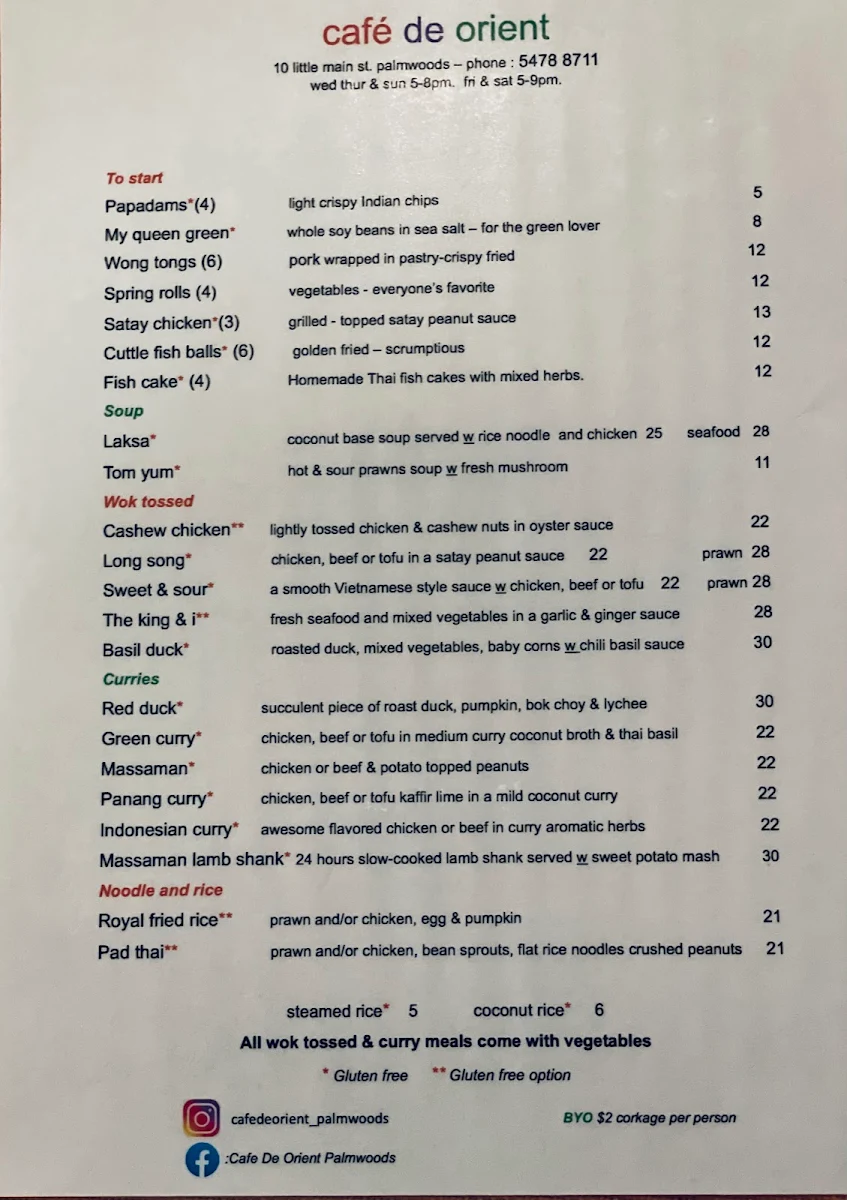 Menu, Cafe de Orient