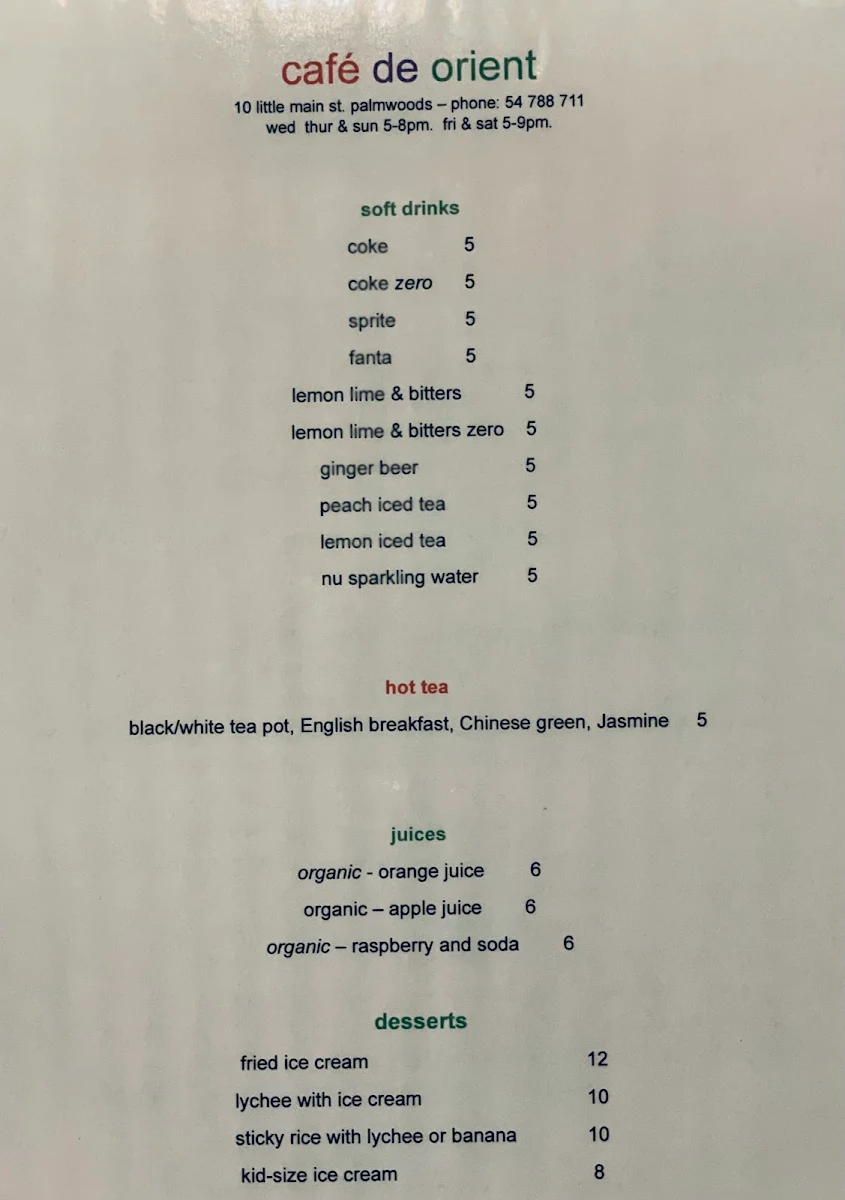 Menu, Cafe de Orient