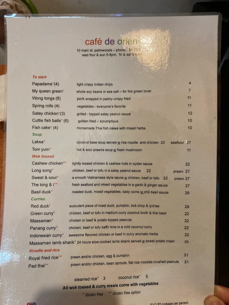 Menu, Cafe de Orient