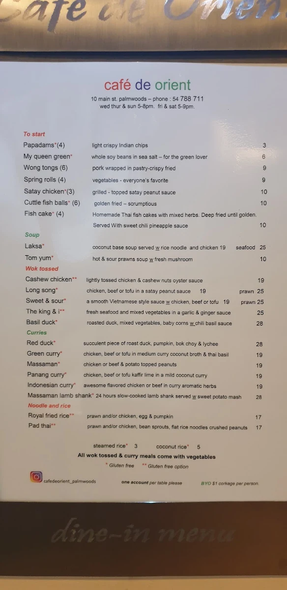 Menu, Cafe de Orient