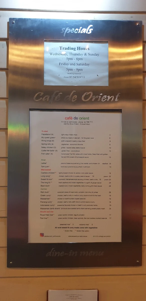 Menu, Cafe de Orient