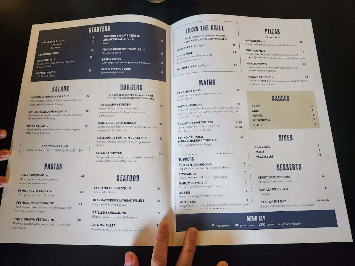 Menu, Colliery Inn Wallsend NSW