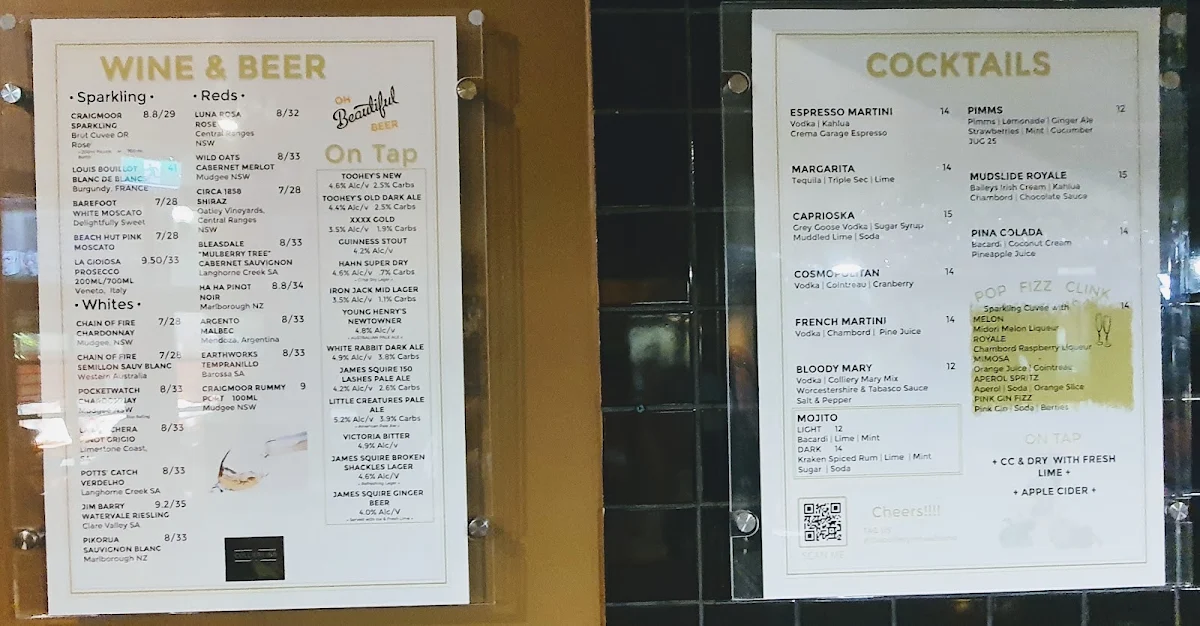 Menu, Colliery Inn Wallsend NSW