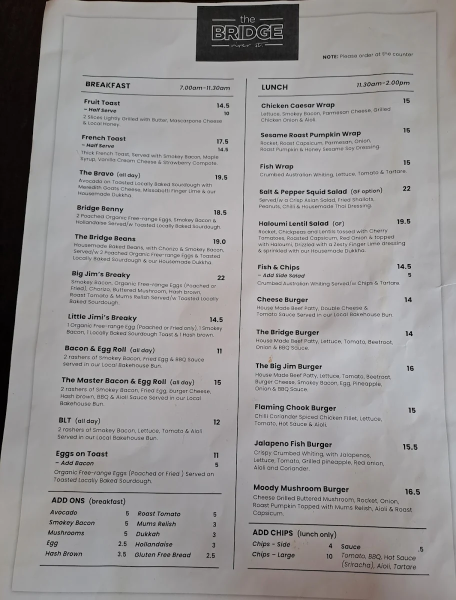 Menu, The Bridge River St. Cafe