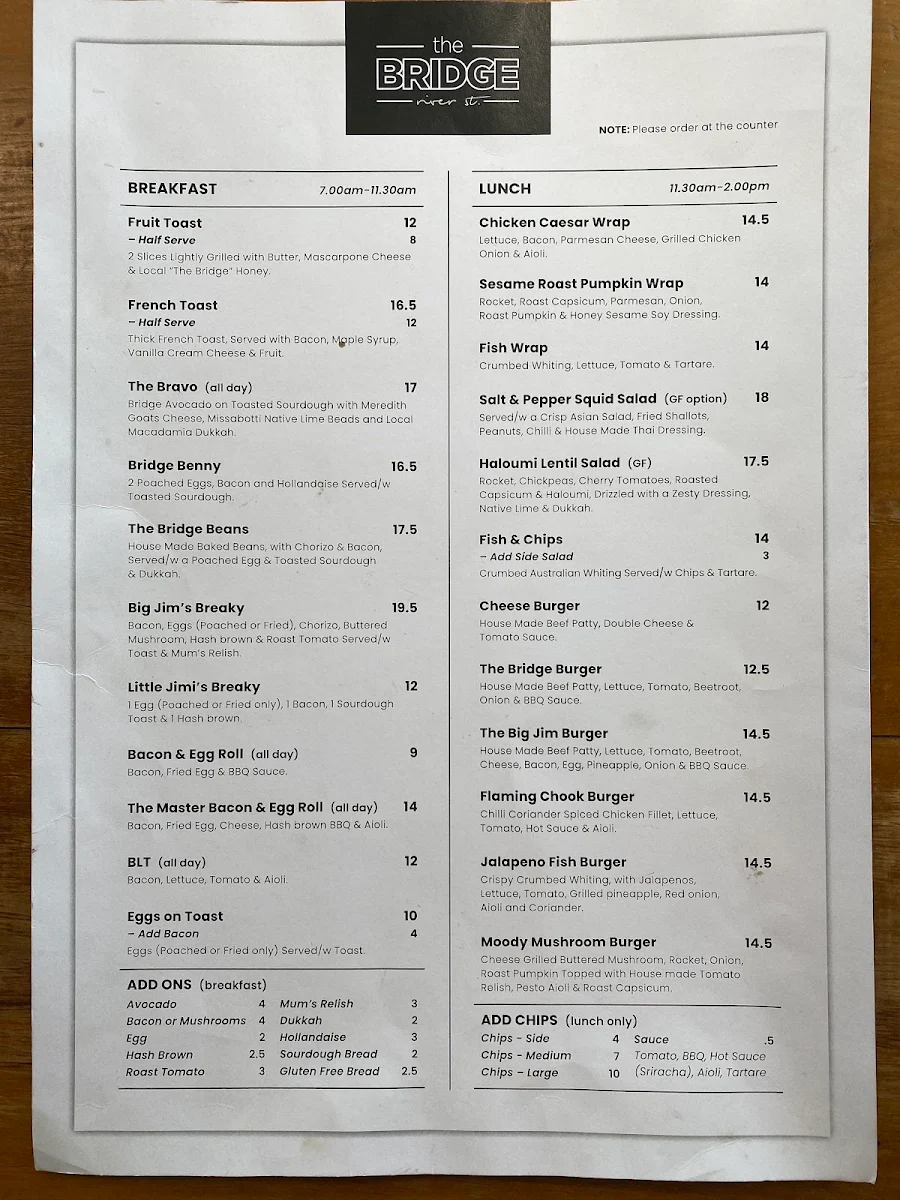 Menu, The Bridge River St. Cafe