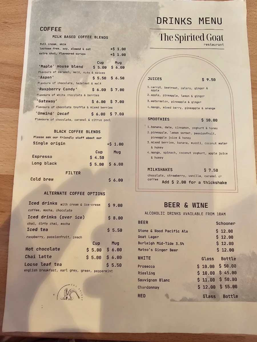 Menu, The Spirited Goat ‘The Strand’
