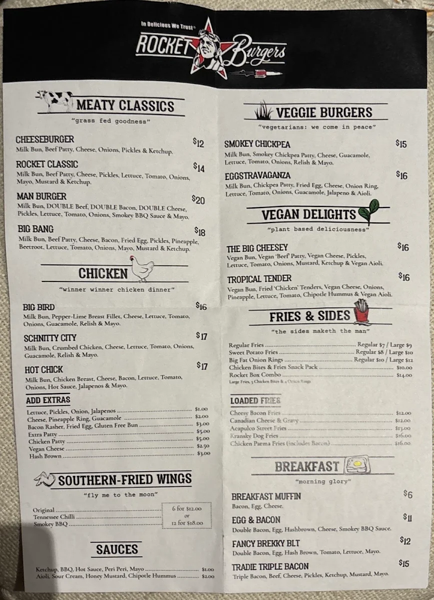 Menu, Rocket Burgers & Fries Elizabeth Street