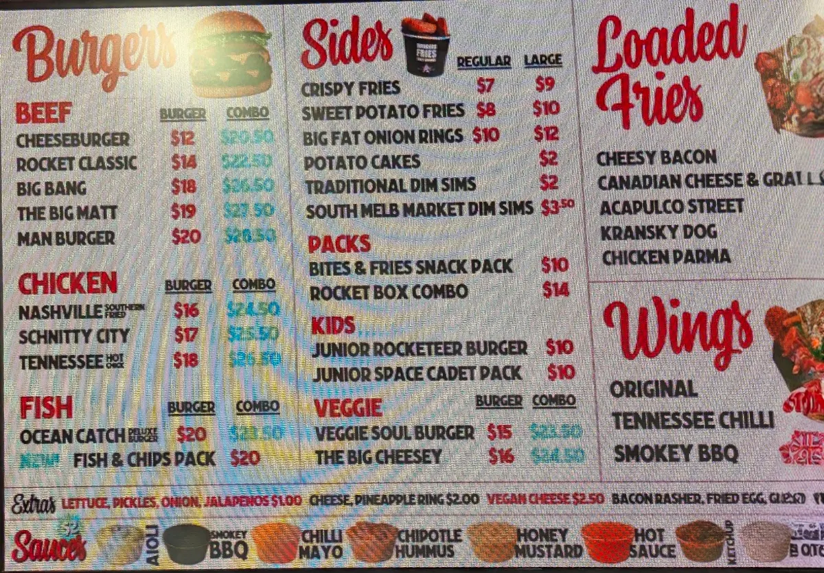 Menu, Rocket Burgers & Fries Elizabeth Street