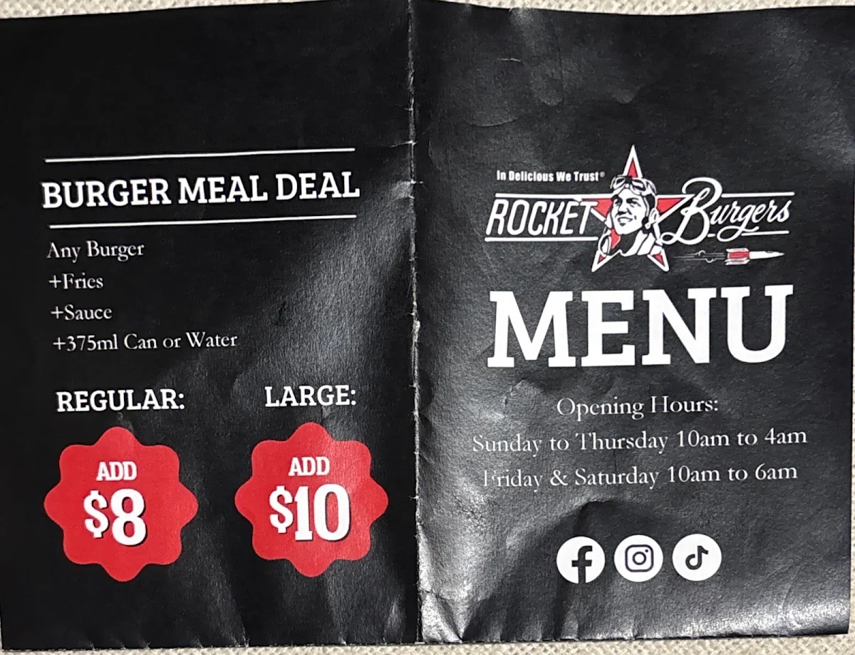 Menu, Rocket Burgers & Fries Elizabeth Street