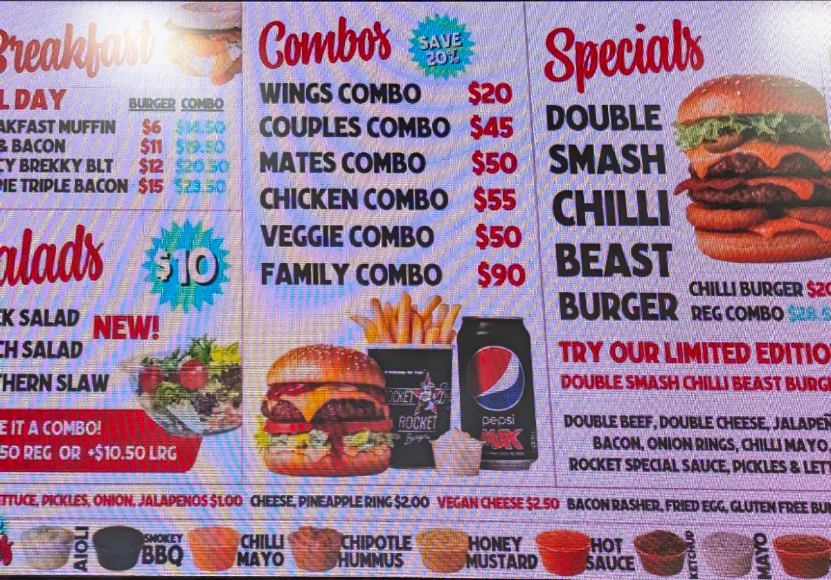 Menu, Rocket Burgers & Fries Elizabeth Street
