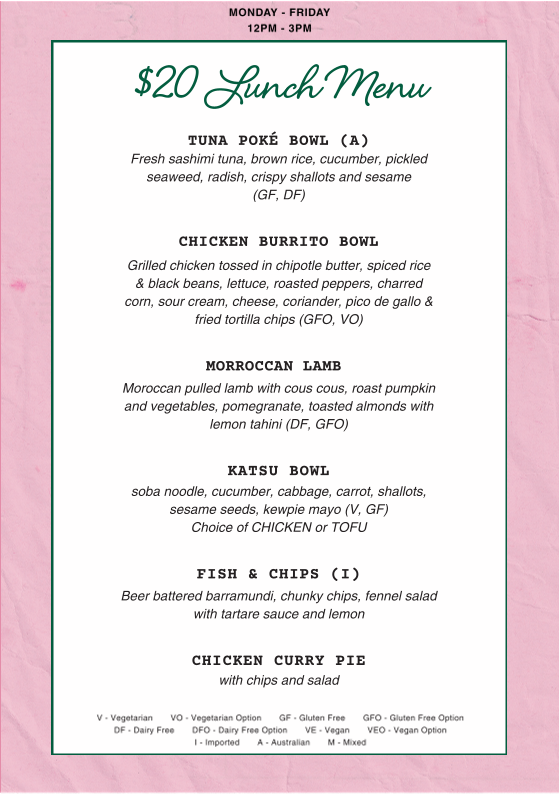 Menu, East Village Hotel Sydney