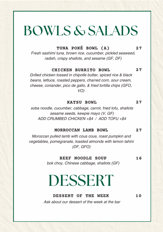 Menu, East Village Hotel Sydney