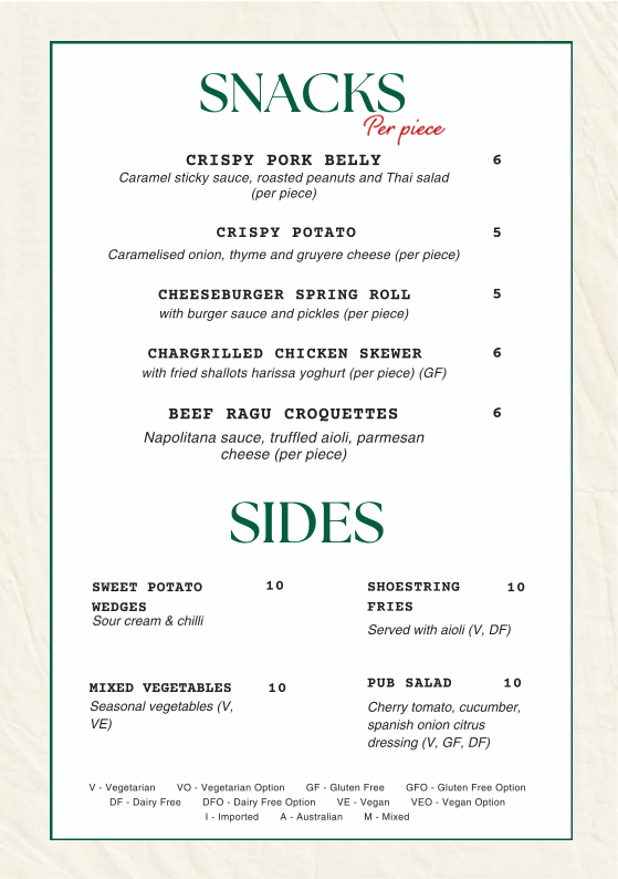Menu, East Village Hotel Sydney