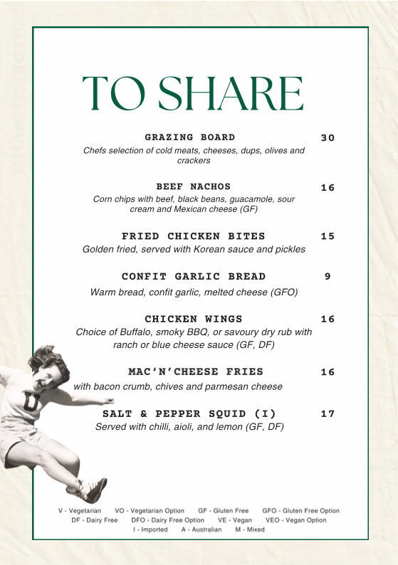 Menu, East Village Hotel Sydney