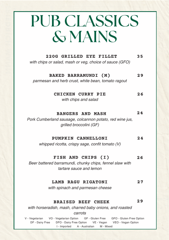 Menu, East Village Hotel Sydney