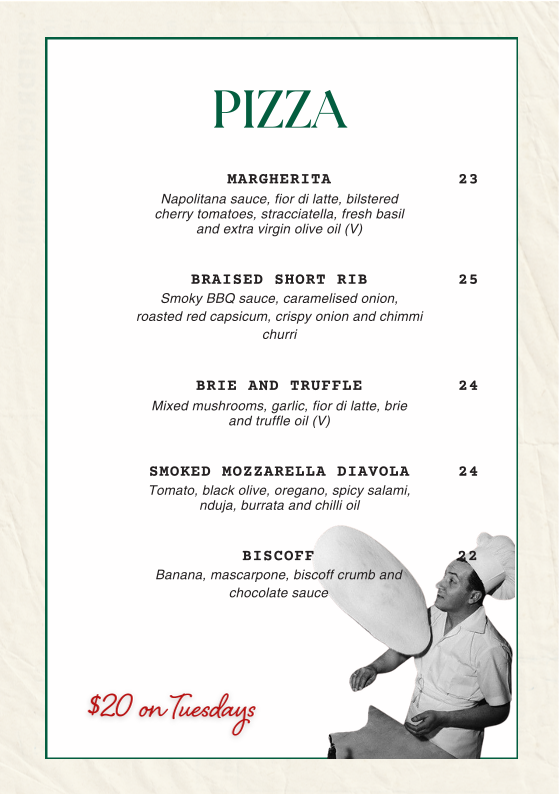 Menu, East Village Hotel Sydney