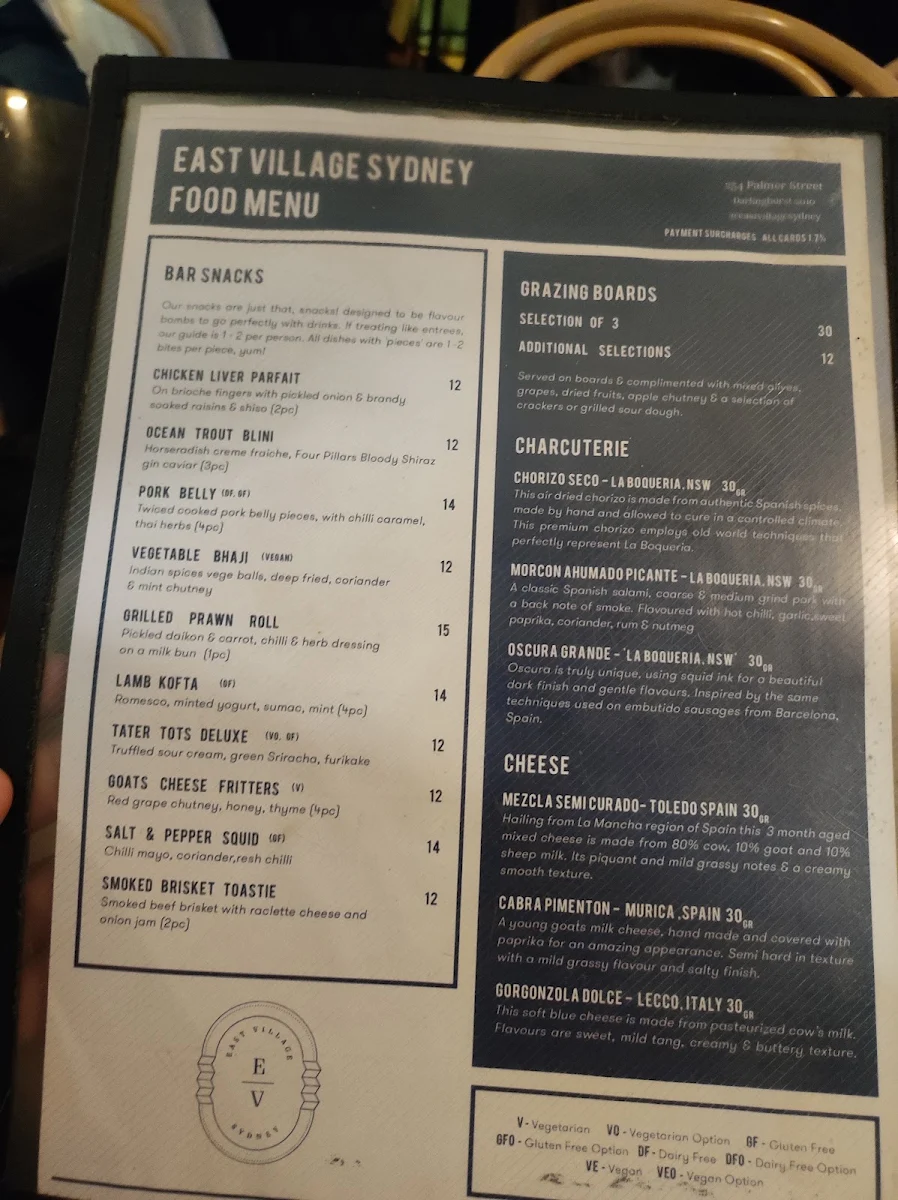 Menu, East Village Hotel Sydney
