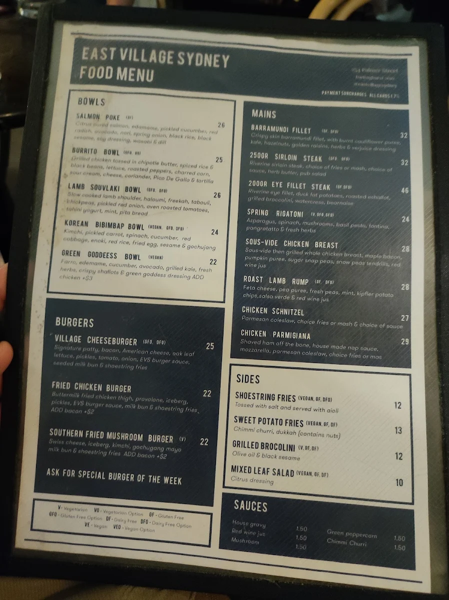 Menu, East Village Hotel Sydney