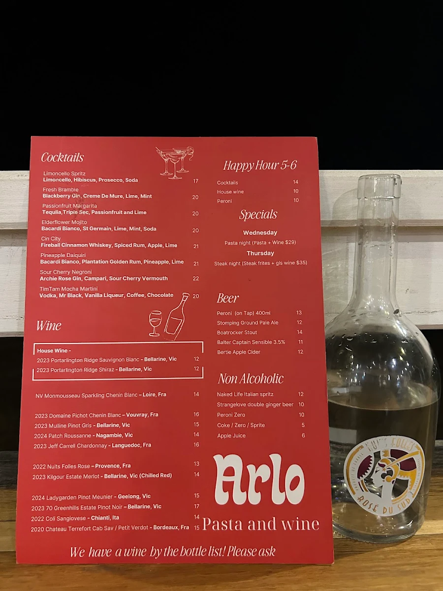 Menu, Arlo Wine Bar