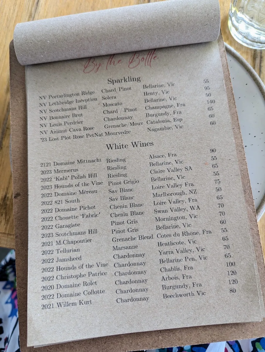Menu, Arlo Wine Bar
