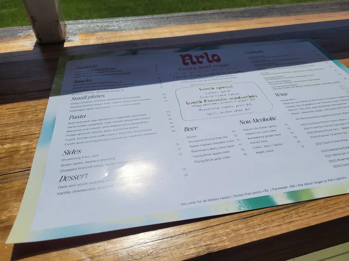 Menu, Arlo Wine Bar