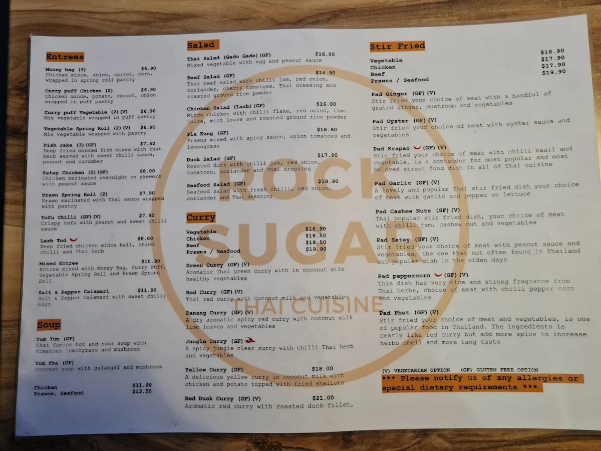 Menu, Rock Sugar Thai Cuisine