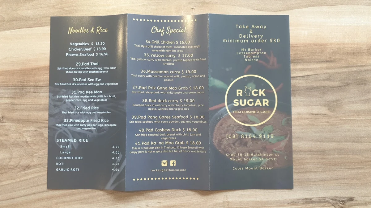 Menu, Rock Sugar Thai Cuisine