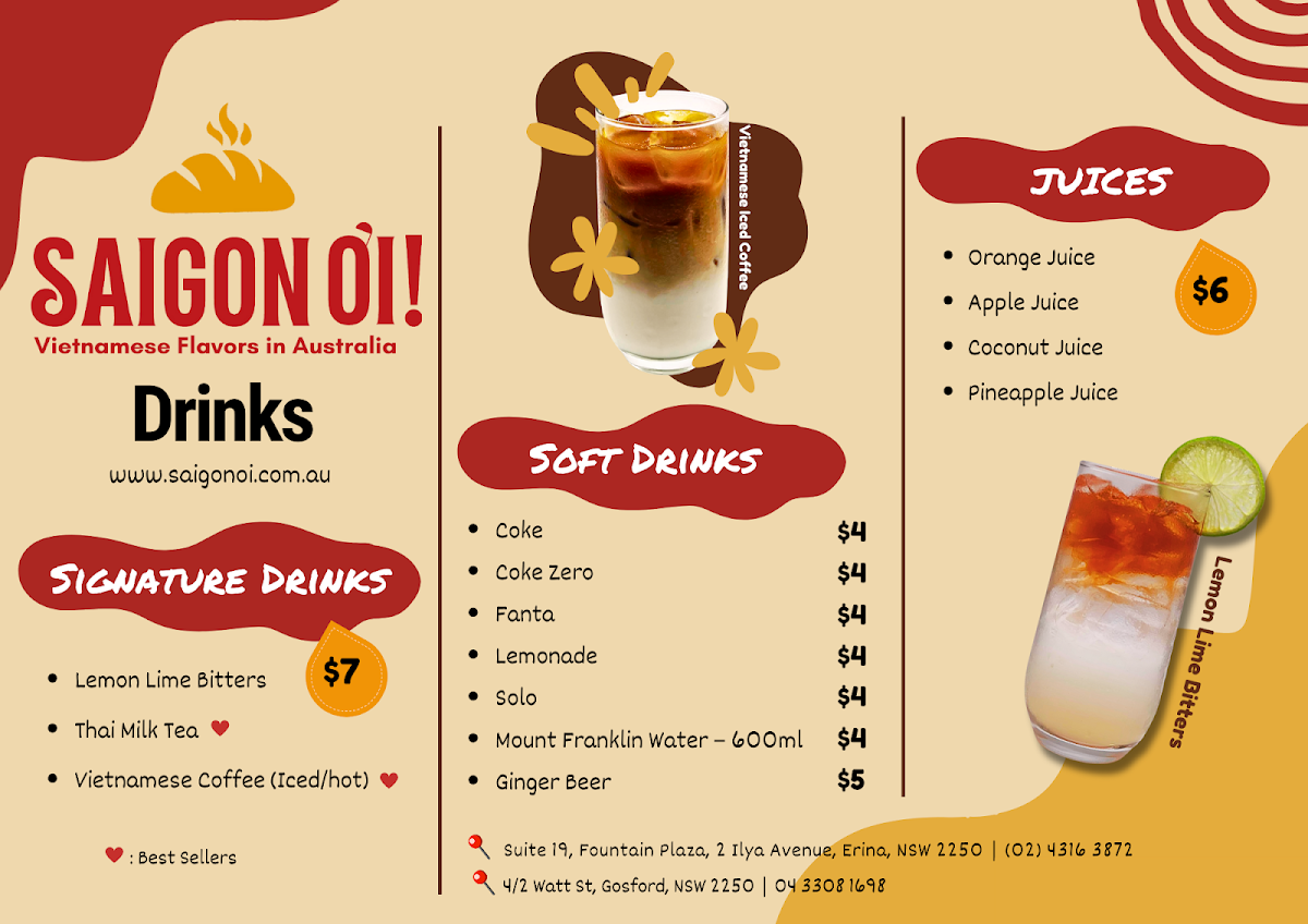 Menu, Saigon Oi ! Gosford