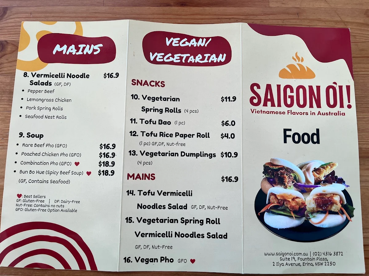 Menu, Saigon Oi ! Gosford