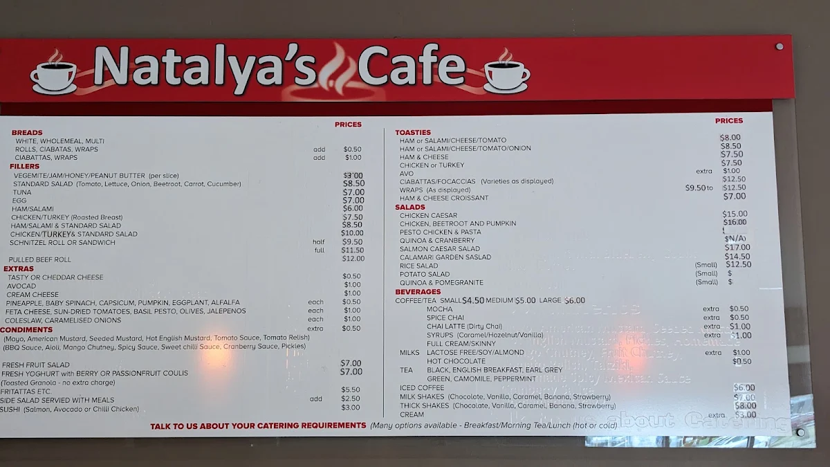 Menu, Natalya's Cafe