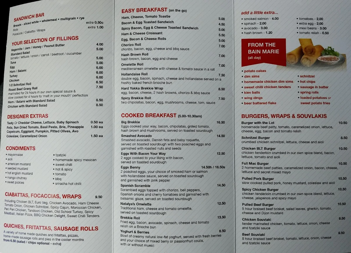 Menu, Natalya's Cafe