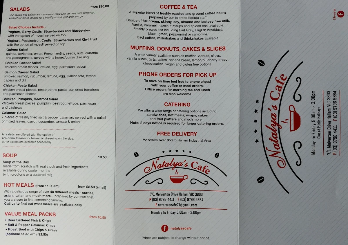 Menu, Natalya's Cafe