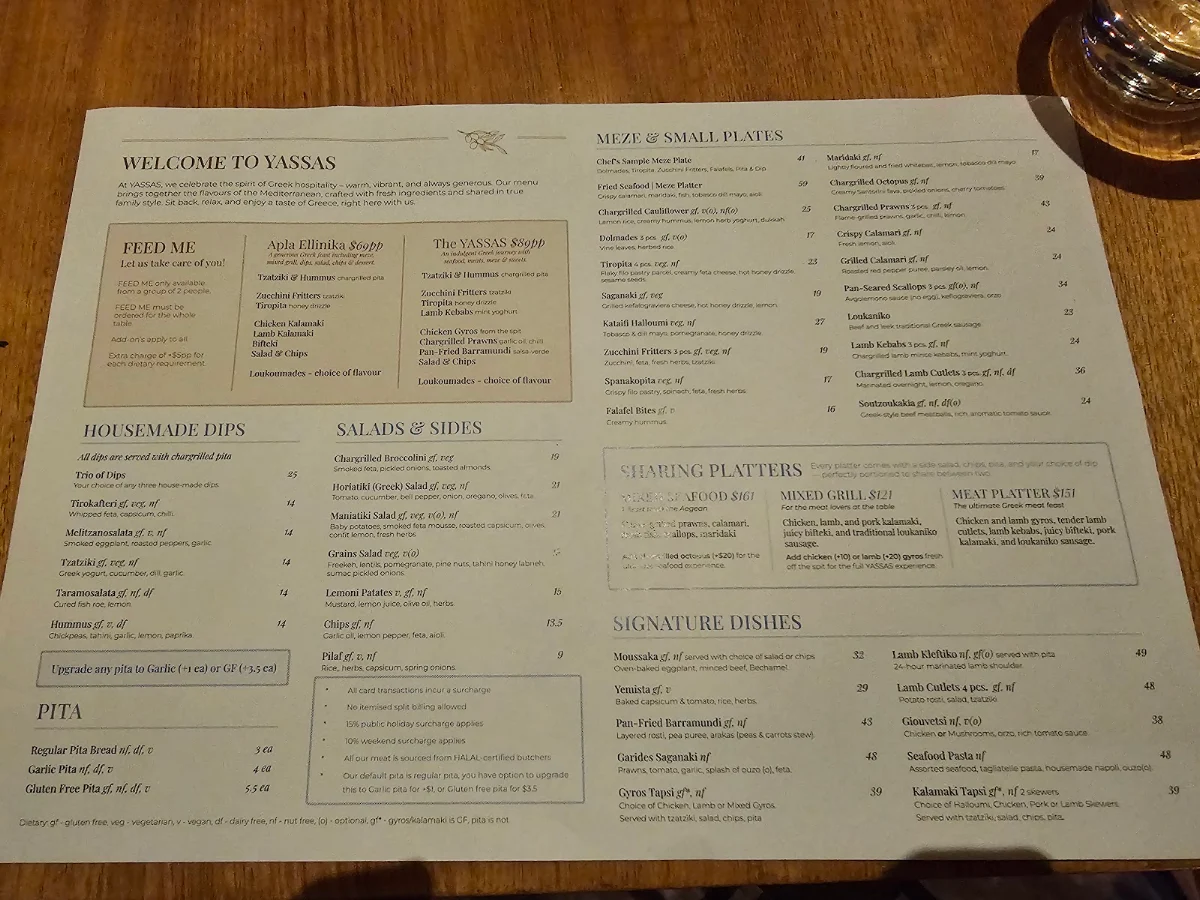Menu, YASSAS - THE GREEK WAY (SOUTHBANK)
