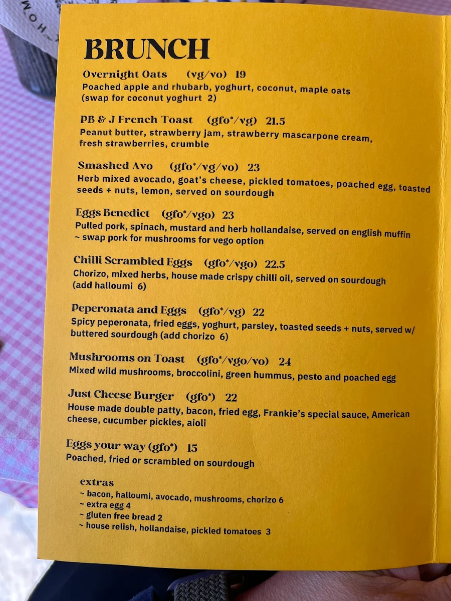 Menu, Frankie's Coffee House