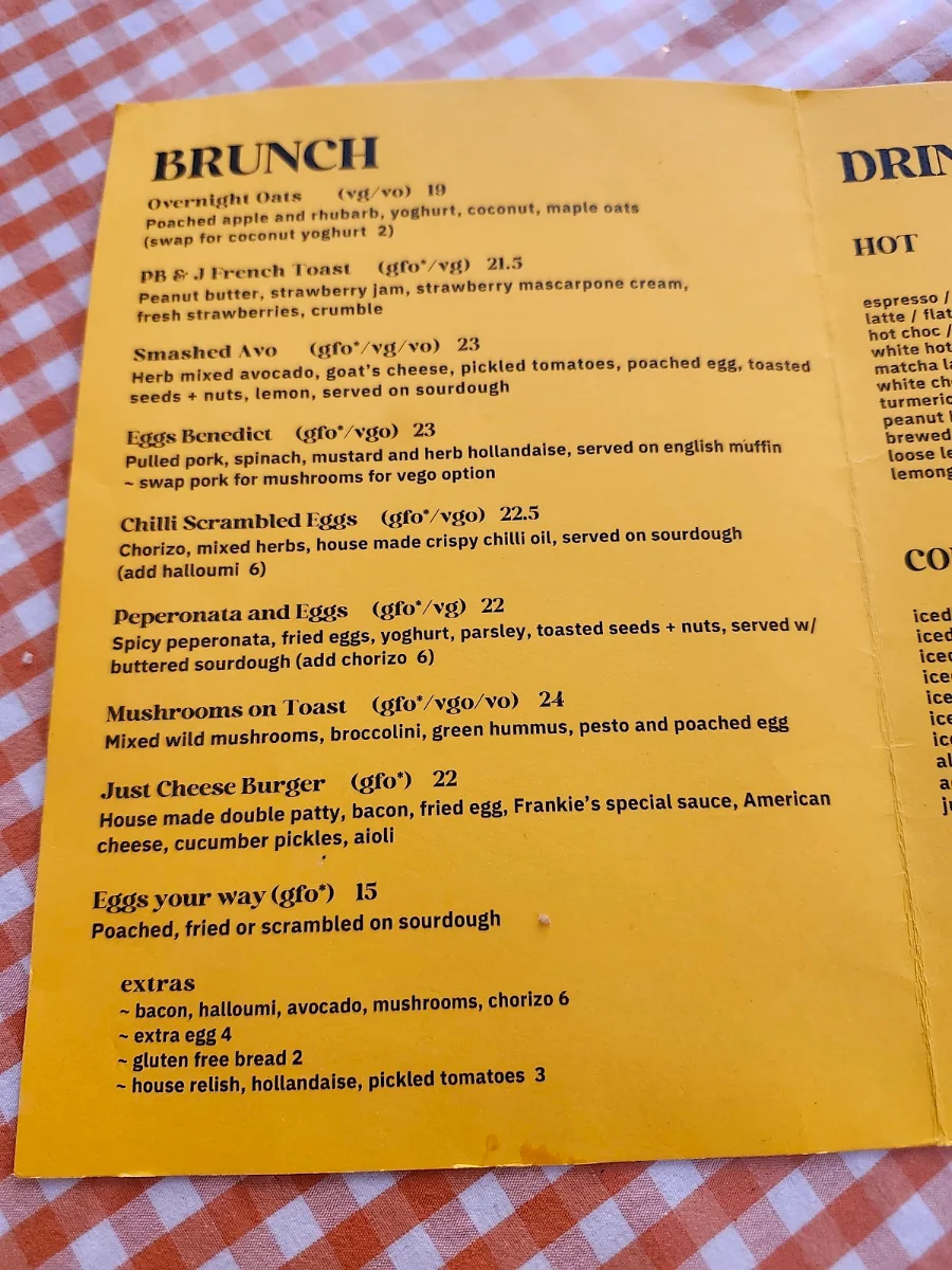 Menu, Frankie's Coffee House