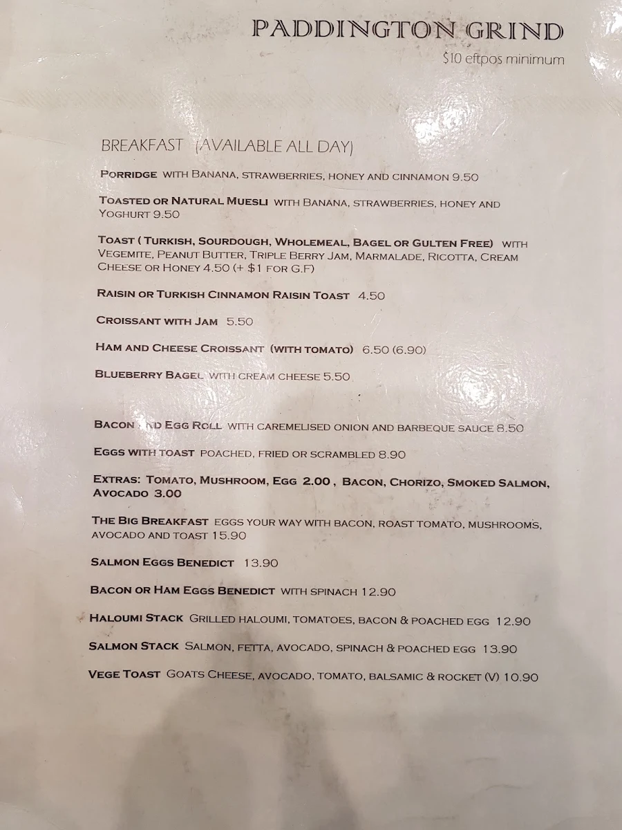 Menu, Paddington Grind