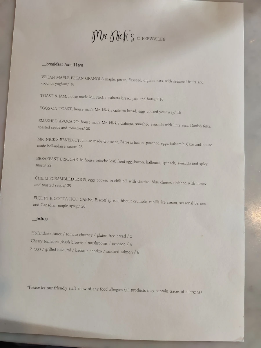 Menu, Mr.Nick's Kitchen & Coffee Bar